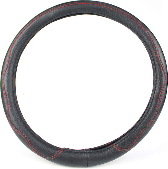Slip-on Steering Wheel Cover Eco Leather Black Smooth Red Stitching 38cm