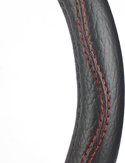 Slip-on Steering Wheel Cover Eco Leather Black Smooth Red Stitching 38cm