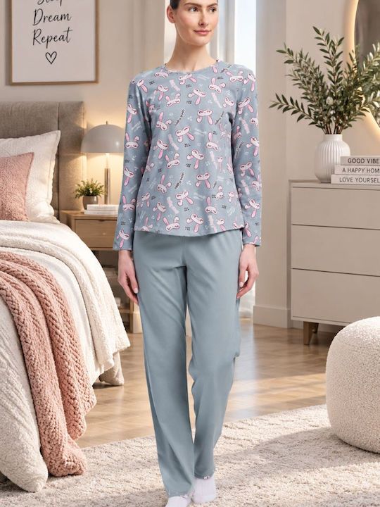 Minerva Winter Women's Pyjamas Set Cotton Grey-Pink Minerva Winter Women's Pyjamas Set Cotton Grey-Pink