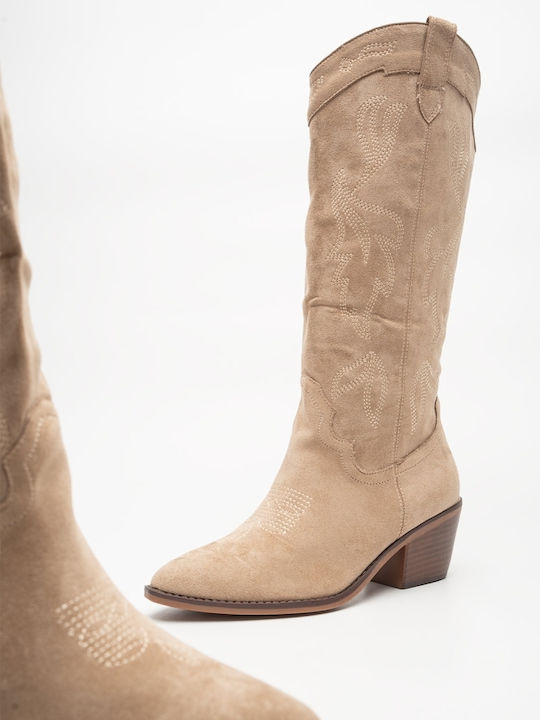 Suede Women's Cowboy Boots Beige