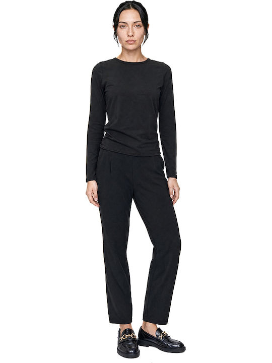 MY T Women's High Rise Fabric Trousers with Rubber Band Black