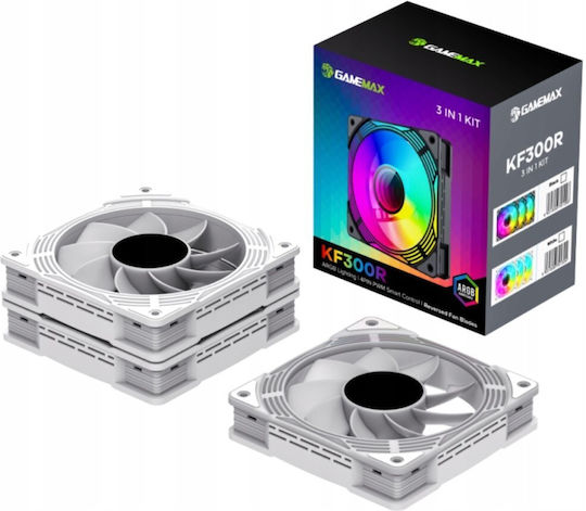 GameMax KF300R Обратен Перкa Вентилатор за Кутия 120mm (1600rpm / 44.35cfm) с ARGB Осветление и Свързване 4-изводна ШИМ 3бр Бял