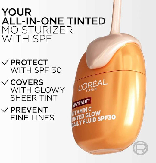 L'Oreal Paris Revitalift Vitamin C Tinted Glow Light Fluid Day Face Cream with Color and SPF30 for Moisturizing & Blemishes with Vitamin C & Vitamin E 40ml