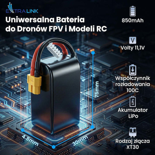 Extralink Батерия Li-Po 850mAh 100C XT30 за Дрон