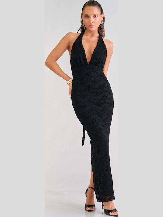 Maxi Evening Dress Strapless Velvet Open Back with Lace Black