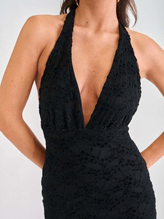 Maxi Evening Dress Strapless Velvet Open Back with Lace Black