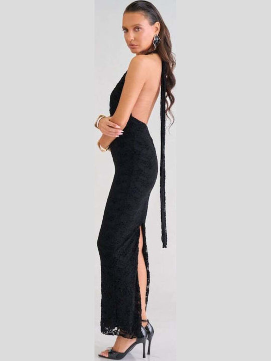 Maxi Evening Dress Strapless Velvet Open Back with Lace Black