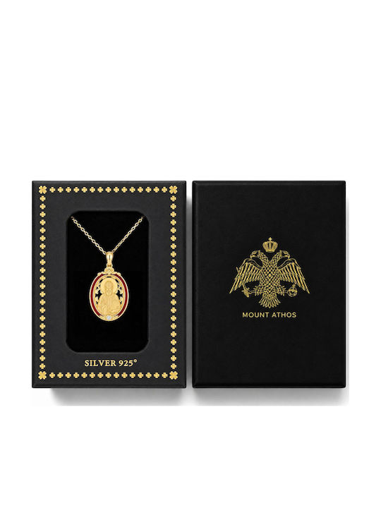 Ulysses Silver Pendant Talisman “Saint Paisios” Silver 925 14k Gold Plated Burgundy Enamel Chain Gold Plated Silver 925