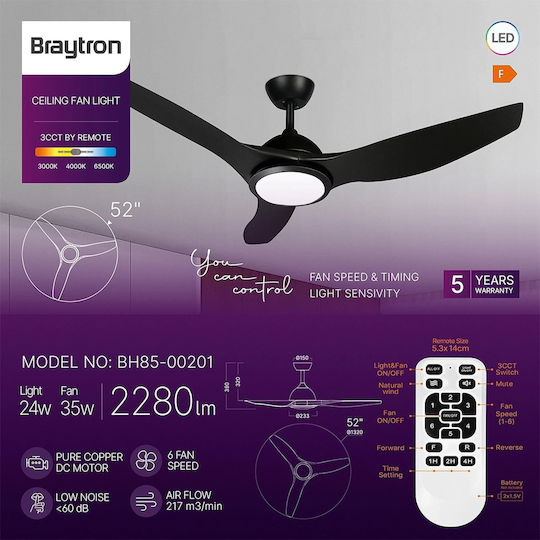 Braytron Ceiling Fan 132cm with Light Fixture Black