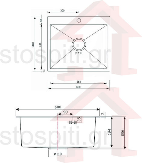 Sanitec Vision Drop-In Küchenspüle Inox Satiniert M60xB50cm Silber
