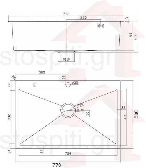 Sanitec Vision 7750hs Drop-In Küchenspüle Inox Satiniert M77xP50cm Silber