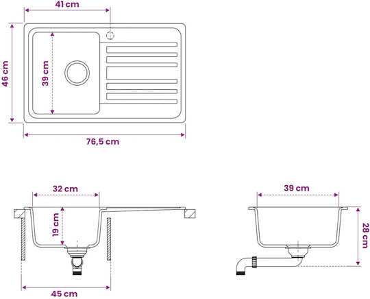 vidaXL Drop-In Küchenspüle aus Flüssigem Granit M76.5xP46cm Grau