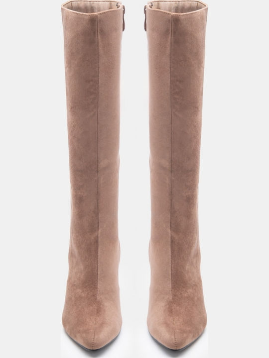 Suede Women's Boots with High Heel Beige