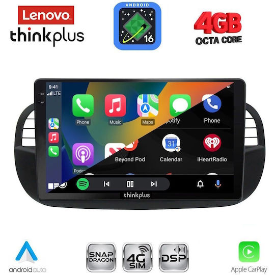 Lenovo Автомобилна Аудио Система за Fiat 500 2007-2015 (Bluetooth/USB/Вграден Wi-Fi/GPS/Apple CarPlay/Android Auto) с Touch Screen 9"