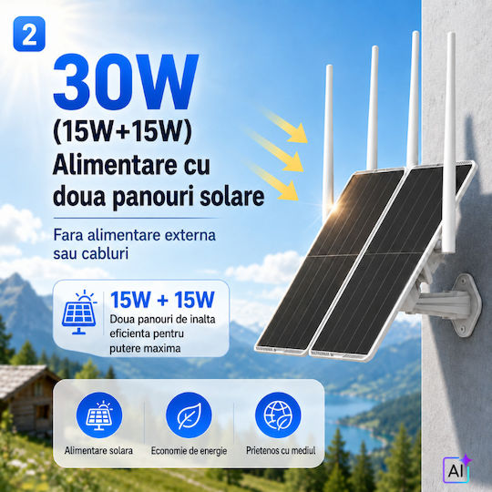 Router solar 4G cu panou dual de 30 W baterie de 30 000 mAh acoperire de 300 metri pentru camere IP de exterior