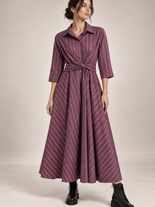 Summer Maxi Shirt Dress with 3/4 Sleeve Wrap Purple