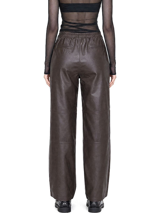 MY T Damen Hochgeschnittenes Lederhose mit Gummiband Braun