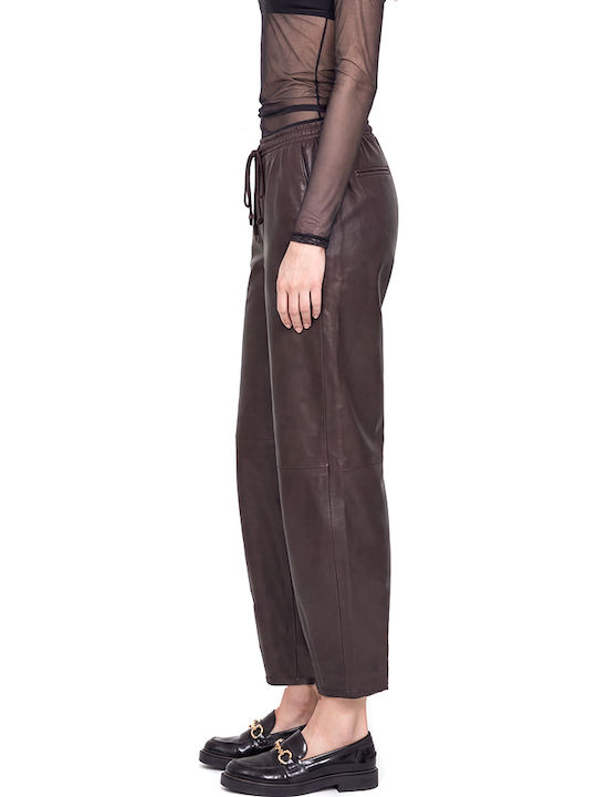 Damen Hochgeschnittenes Lederhose mit Gummiband Braun