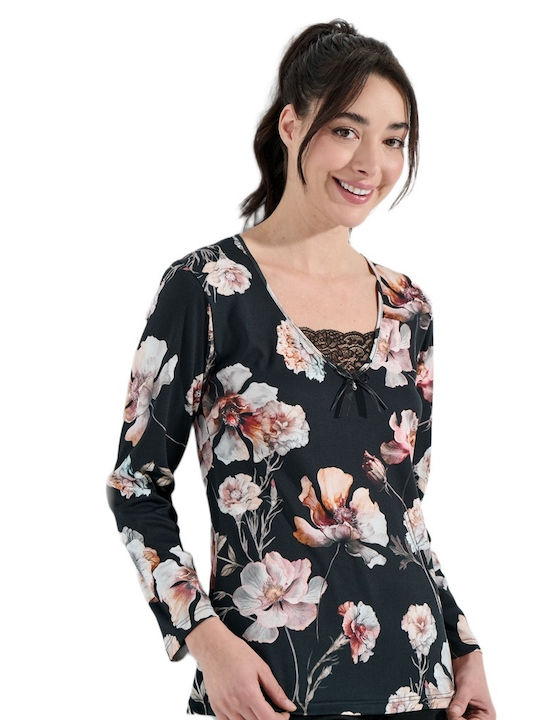 Jeannette Lingerie Зимен дамски комплект пижами Черен