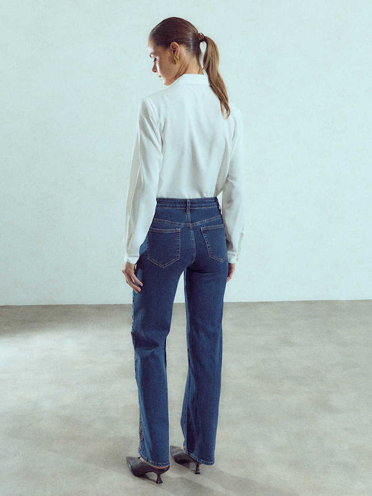 Celestino Γυναικείο Τζιν Wide Leg Κέντημα Στο Πλάι Loose Fit Σκούρο Μπλε