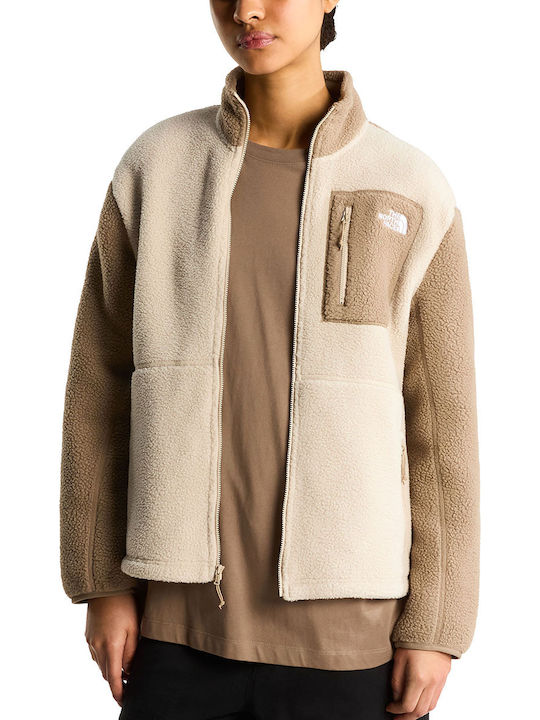 Yumiori Voll Fleece Damen Strickjacke mit Reissverschluss Beige