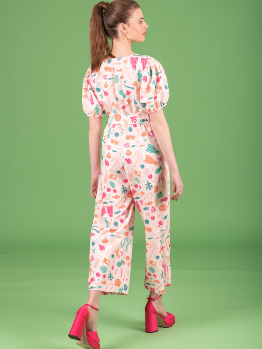 Damen Jumpsuit Weiß Rosa 123-21337-Weiß Rosa (002)