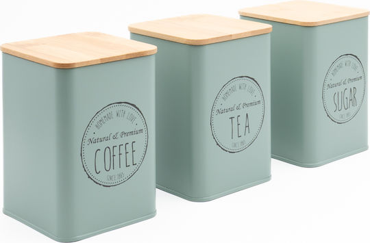 Sidirela Set of 3pcs Jars for Coffee / Sugar / Tea with Lid Metallic Olive 10x10x13cm