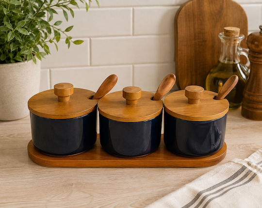 Set of 3 General Use Vases with Lid and Stand made of Black Porcelain 3 Pieces