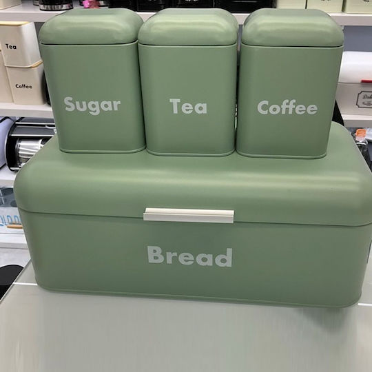 Σετ 4 Πρασινη Μεταλλικη Ψωμιερα 3 Κουτια Tea Coffee Sugar 41χ22χ16εκ 10,5χ10,5χ15εκ