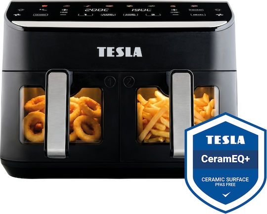 Tesla Electronics AirCook DualHeat QD464 XXL Heißluftfritteusen mit Doppelter Abnehmbarer Behälter 9lt Schwarz