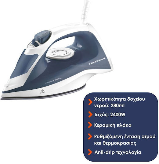Telemax Easy Press Dampfbügeleisen 2400W mit Keramiksohle und kontinuierlicher Dampfabgabe 30g/min