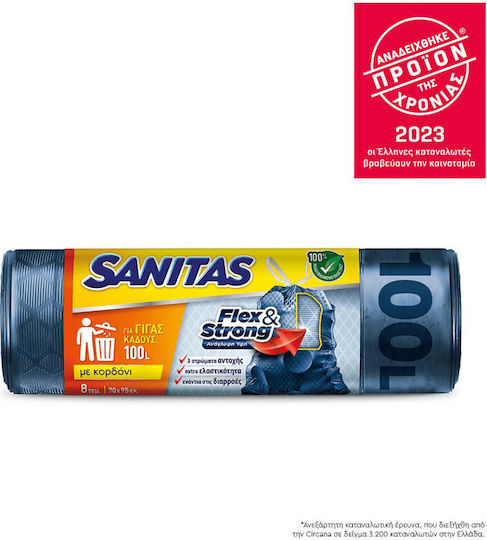 Sanitas Müllbeutel Kapazität 100Es mit Kordel Flex & Strong 70x95cm 8Stück Blau