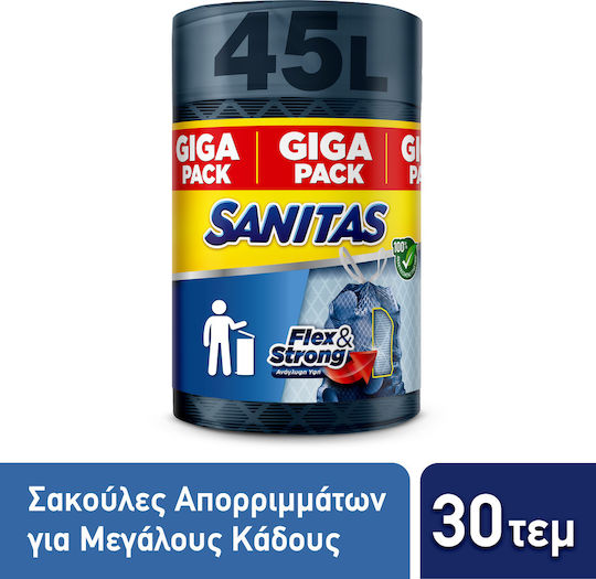 Sanitas Торби за смет Многоиздръжливи Капацитет 45л с дантелена лента & Strong 75x52см 30бр Сини
