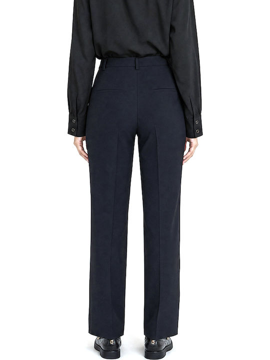 MY T Women's High Rise Fabric Trousers in Tapered Fit Blue