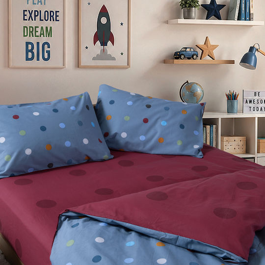 Nef-Nef Homeware Single Fitted Cotton Sheet Set Dots Blue 100x232cm 3 Pieces