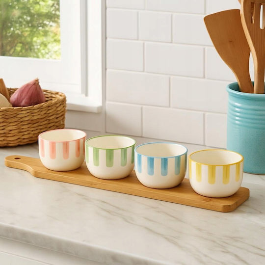 Excellent Houseware Комплект Съдове За Сервиране За Закуски Fika 4 X 125 Ml Бамбуков Поднос С Дръжка