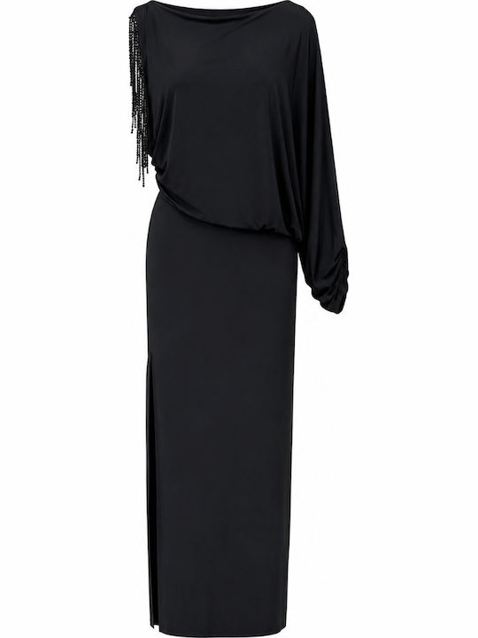 Sommer Maxi Abendkleid Satin Wickel Mit Fransen Schwarz