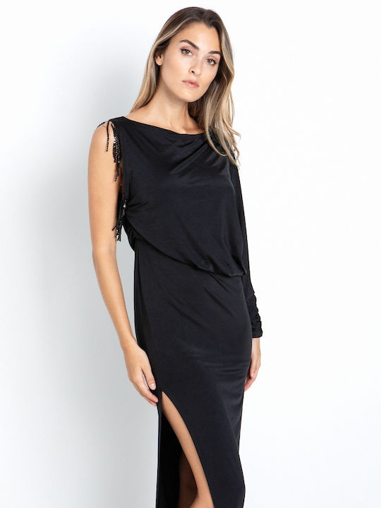 Sommer Maxi Abendkleid Satin Wickel Mit Fransen Schwarz