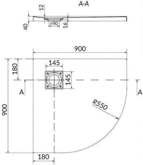 Slim Ημικυκλική Πορσελάνινη Ντουζιέρα 90x90cm Λευκή