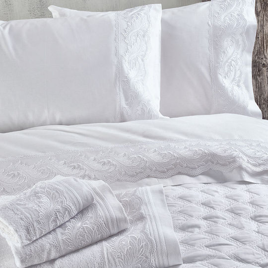Rythmos Cotton Set of 4pcs Bridal Sheets Super Double with Lace Regata White 260x230cm