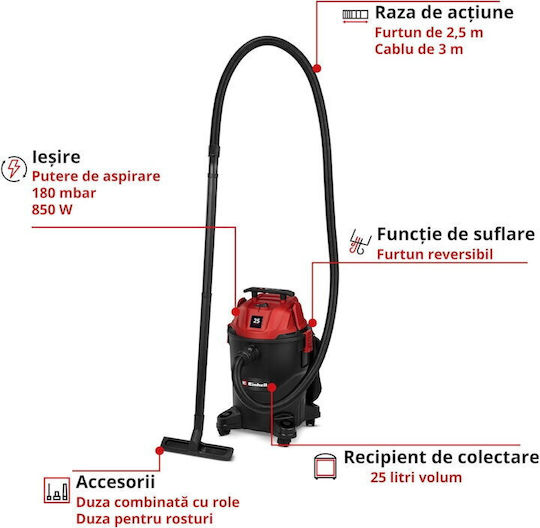 Einhell TC-VC 2555 Aspirator Umed-Uscat 850W cu Recipient din Plastic 25lt Roșie