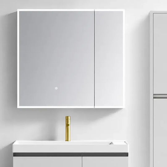 Martin Bathroom Mirror Led made of Plywood with Shelf & Cabinet 80x68cm White