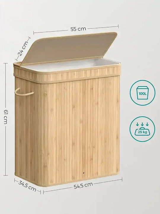 Songmics Coș de rufe Bamboo 100lt cu capac 55x34x61cm Bej