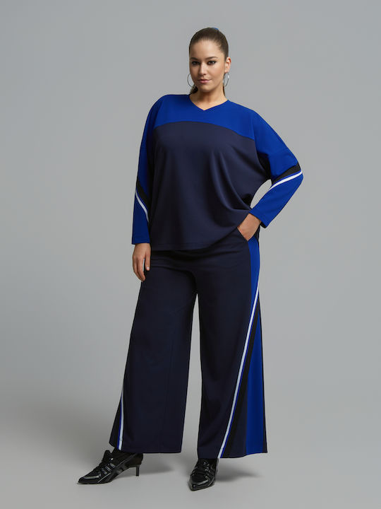 Bluza Damă Mânecă Lungă cu Decolteu în V Model Cu Dungi Albastru