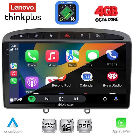 Lenovo Автомобилна Аудио Система за Peugeot 308 / RCZ 2007-2012 (Bluetooth/USB/Вграден Wi-Fi/GPS/Apple CarPlay/Android Auto) с Touch Screen 9"