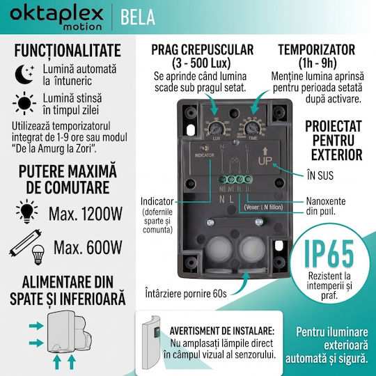 Senzor De Apus Pentru Utilizare Exterioară Oktaplex Bela Protecție Ip65 Apă Praf Comutator Automat Zi Noapte Antracit