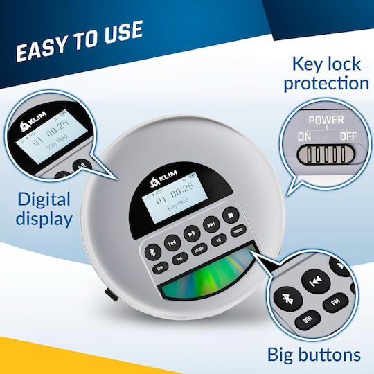 Player CD Portabil Bluetooth Radio FM Cititor Card TF Protecție Anti-șoc Dublu Mufă Jack Baterie Reîncărcabilă Cablu Aux Klim Fusion Căști Incluse Conexiune Sistem Audio Auto