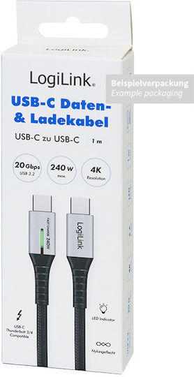 LogiLink LED Geflochtenes USB 3.2 Kabel USB-C männlich - USB-C 240W PD Schwarz 1m CU0442