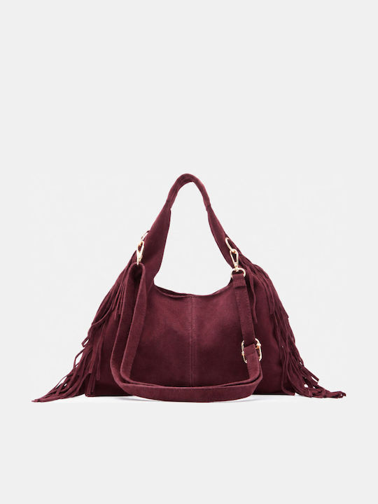 Fabric Women's Suede Shoulder Bag With Burgundy Fringes