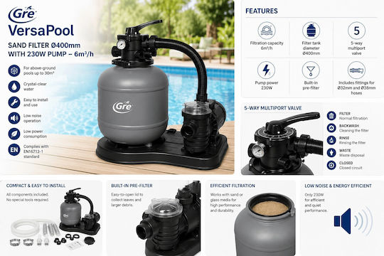 Gre Филтър Пясък за Басейн с Water Flow 6m³/h и Диаметър 40см